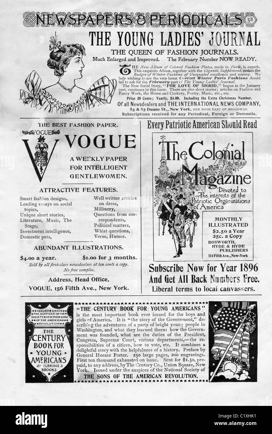 Diese Seite von Century Magazine Februar 1896 Ausgabe enthält Werbung s für verschiedene Zeitschriften. Stockfoto
