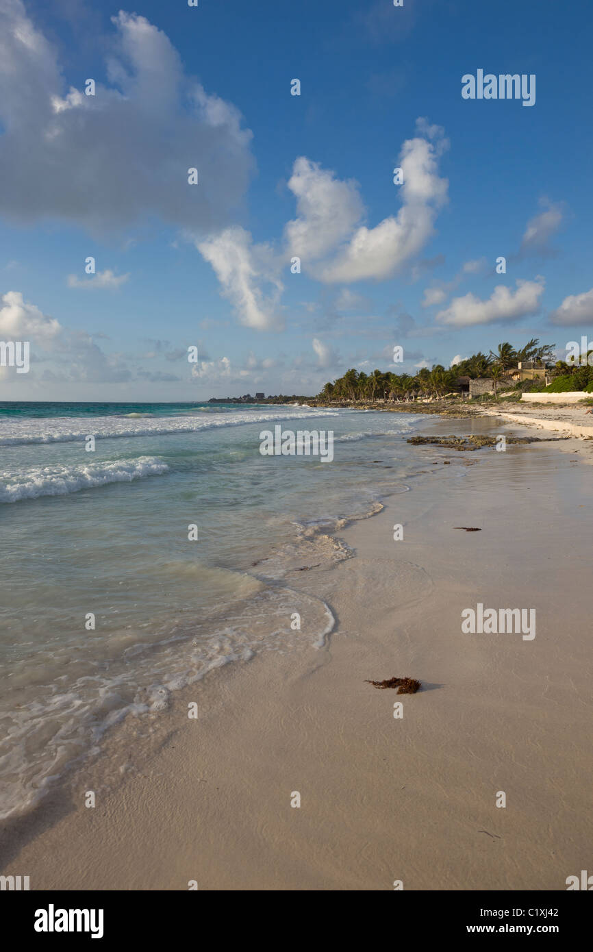 Wellen Waschen gegen El Paraiso Beach bei Sonnenaufgang in Tulum, Quintana Roo, Halbinsel Yucatan, Mexiko. Stockfoto