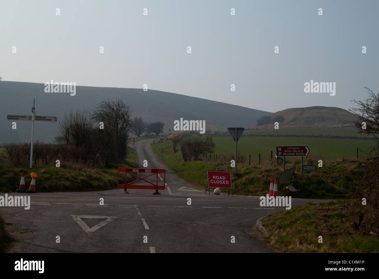 Straße gesperrt bei Uffington Oxfordshire Stockfoto