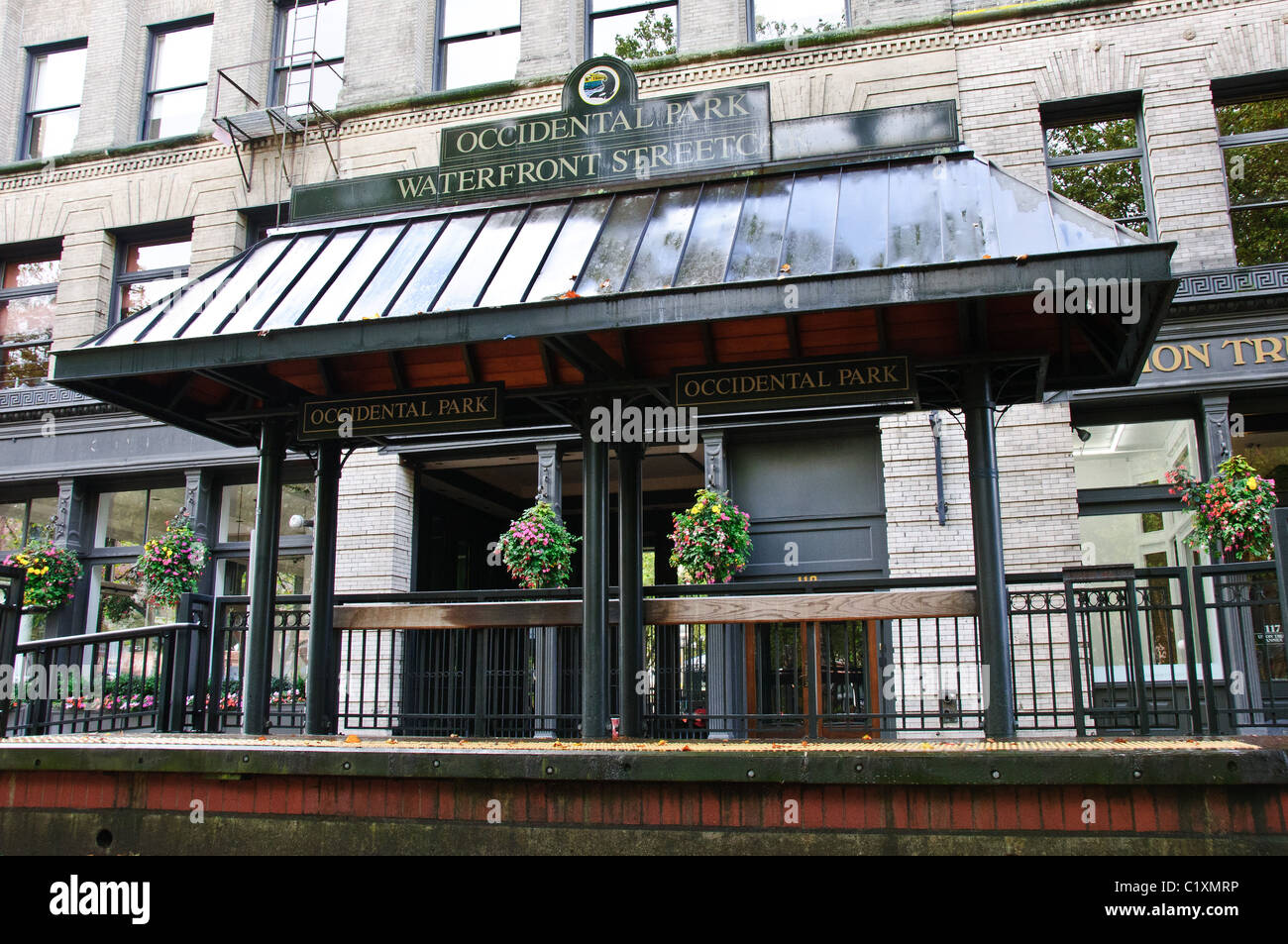 Occidental Park zu stoppen, Waterfront Streetcar, Hauptstraße, Pioneer Square, Seattle, Washington Stockfoto