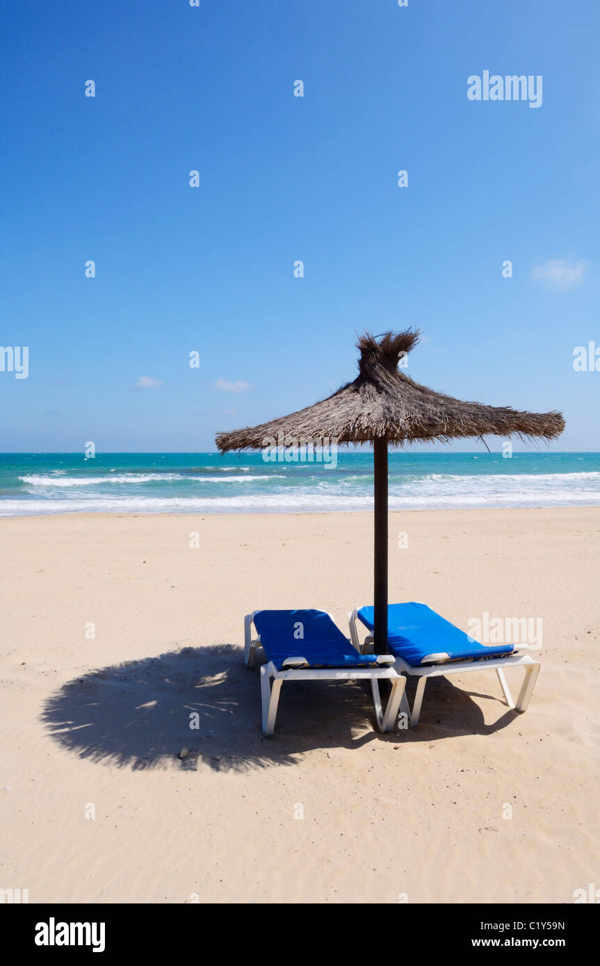 Sonnenliegen und Sonnenschirm am Strand der spanischen Mittelmeerküste. Dehesa de Campoamor, Orihuela, Provinz Alicante, Spanien. Stockfoto
