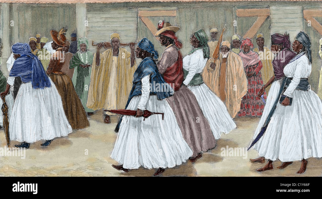 Afrika. Sierra Leone. Trauerzug. Farbige Gravur 1880. Stockfoto