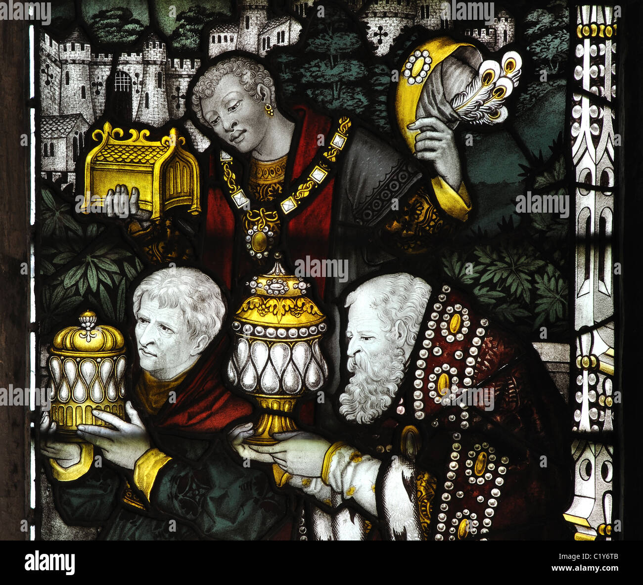 Three Wise Men Glasmalerei, St.-Petri Kirche, Market Bosworth, Leicestershire, England, UK Stockfoto