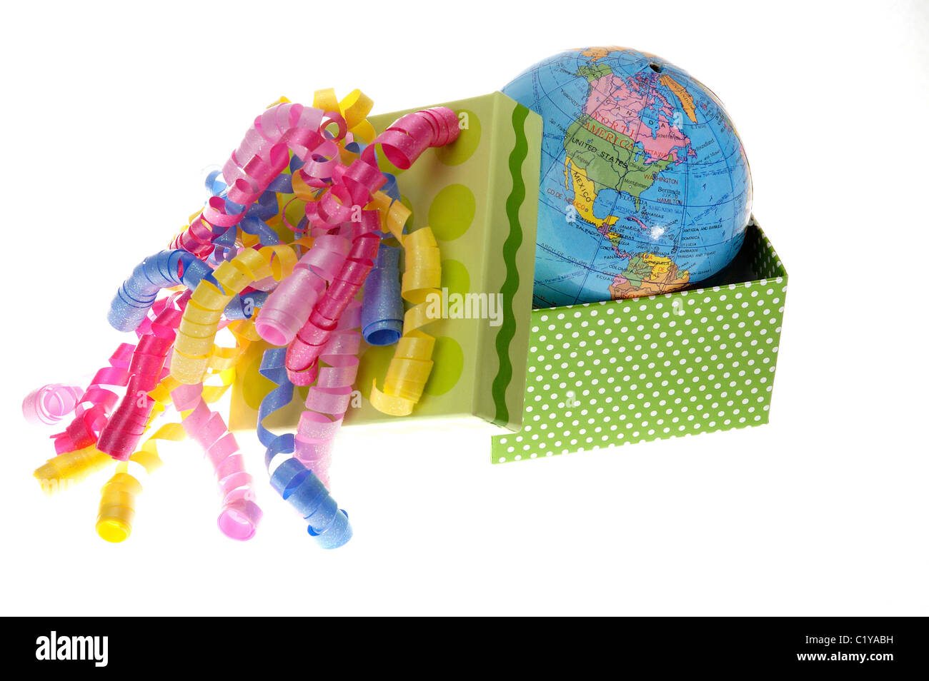 Eine Welt in bunten Geschenkpapier eingewickelt. Stockfoto