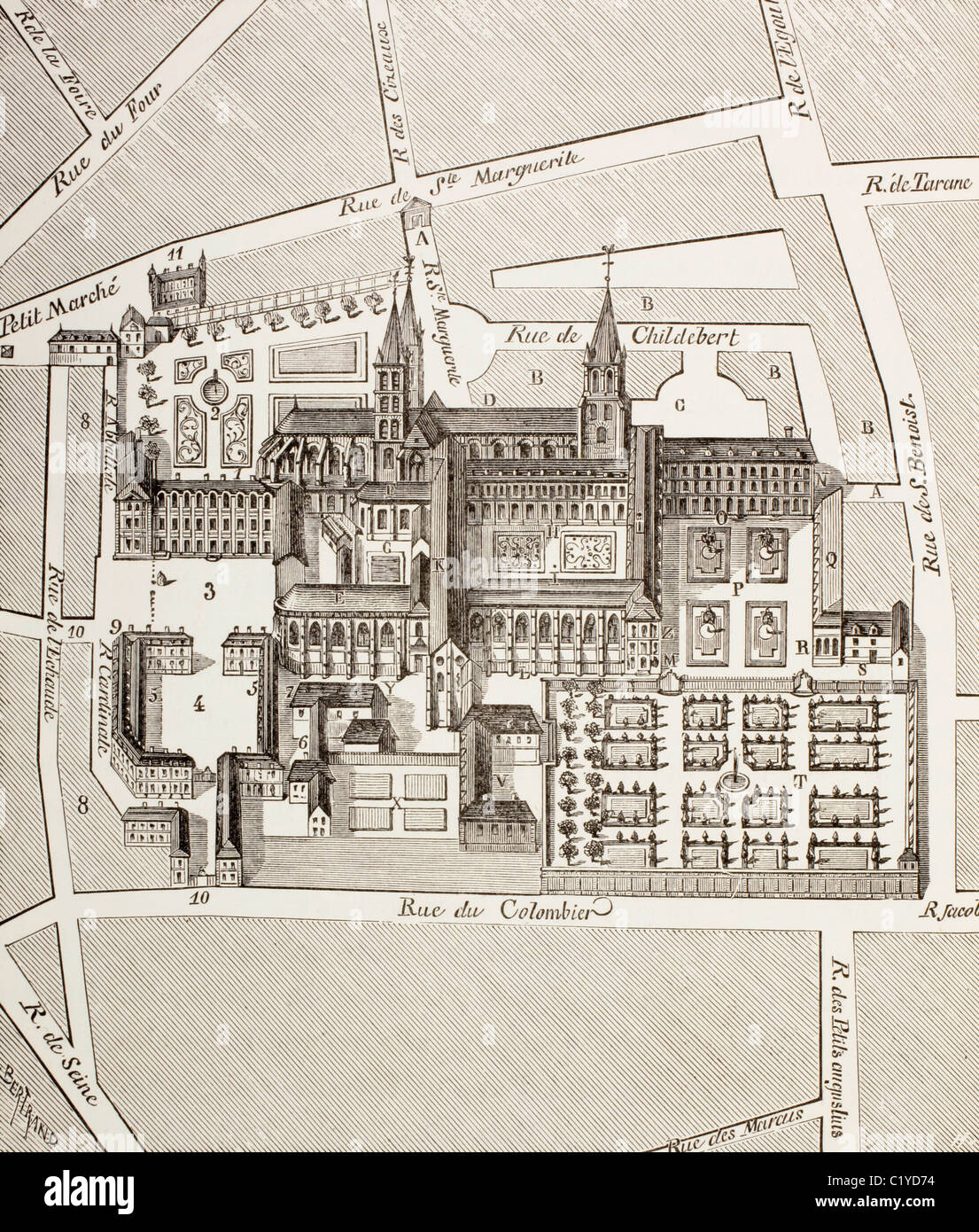 Nordansicht von der Benediktiner Abtei von St. Germain-des-Pres, Paris, als es gab es im 17. Jahrhundert. Stockfoto