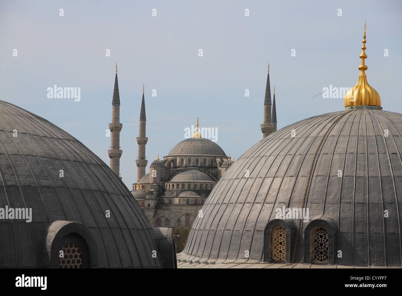 Blick von der Hagia Sofia auf über den Dächern von der blauen Moschee in Istanbul Türkei Stockfoto