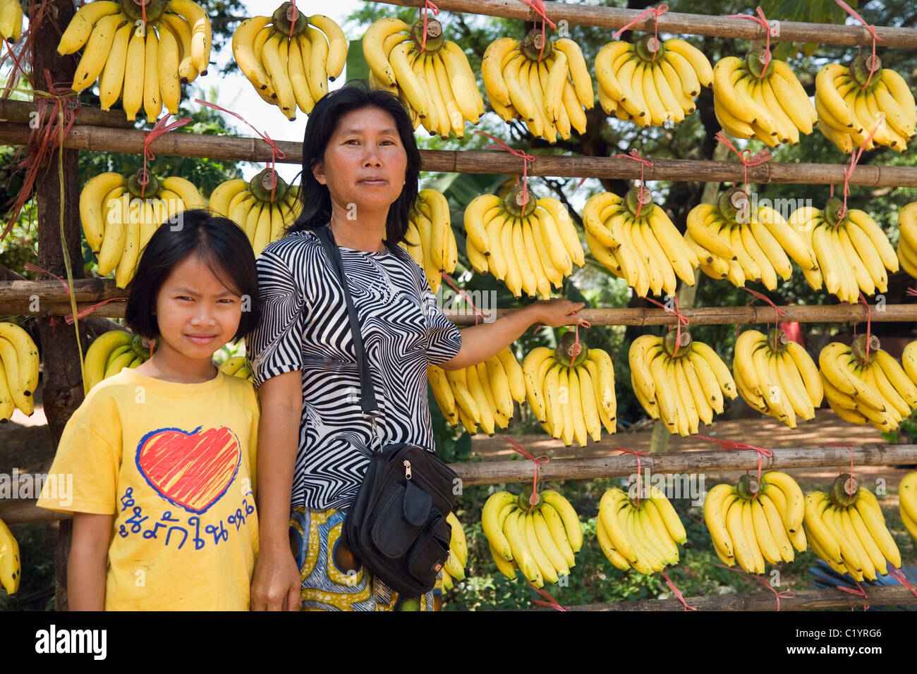 Am Straßenrand Banane-Anbieter in der Nähe von Nong Khai, Provinz Nong Khai, THAILAND. Stockfoto