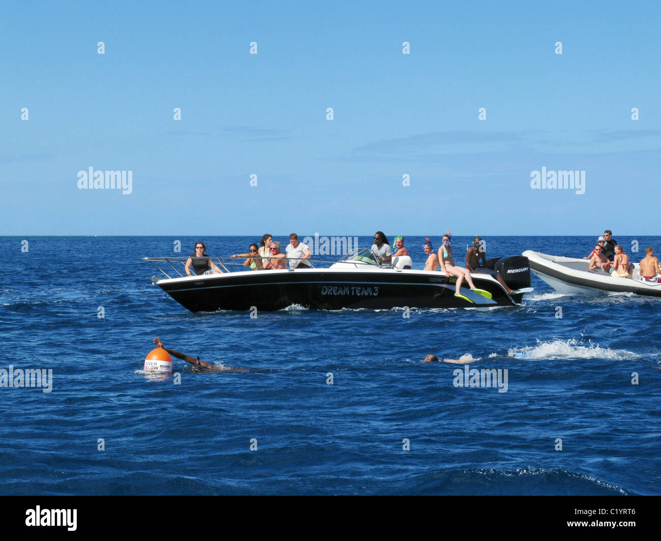 Touristen, Schnorcheln und Schwimmen mit Delfinen in der Baie De La Grande Rivière Noire, La Preneuse, Black River, Mauritius. Stockfoto