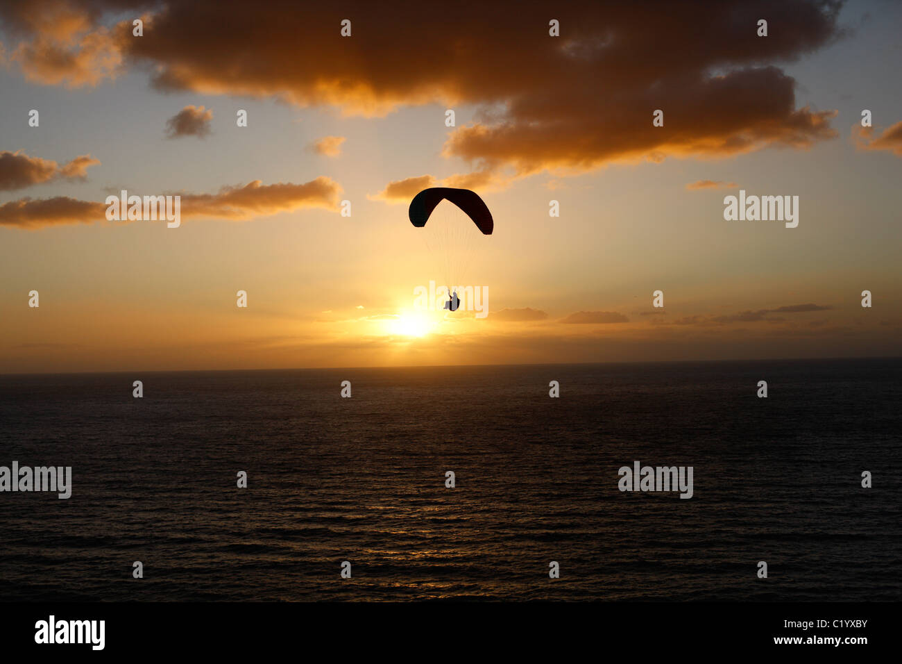 Gleitschirm, der bei Sonnenuntergang über dem Pazifischen Ozean schweben kann. Torrey Pines Gliderport, San Diego, Kalifornien, USA. Stockfoto