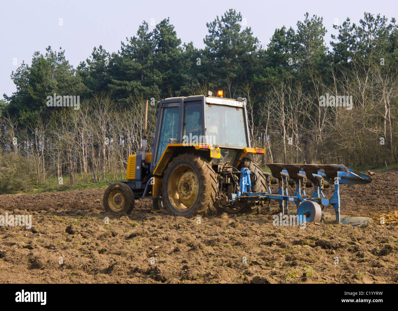 Mann in einem kleinen Traktor ein Feld mit einem Pflug Pflügen. Stockfoto