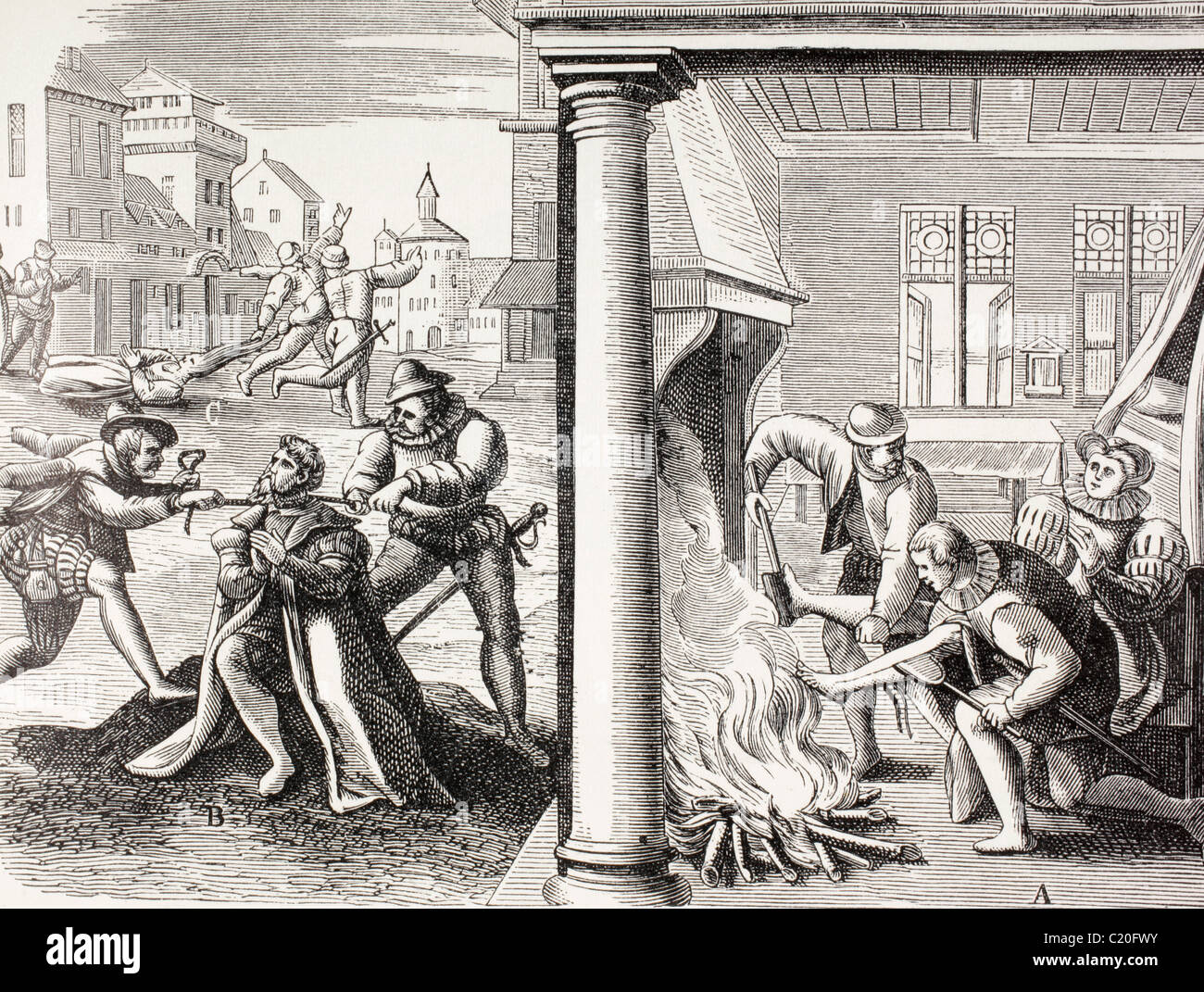 16. Jahrhundert Propaganda zur Veranschaulichung Gewalt der französischen Hugenotten gegen die Katholiken. Stockfoto