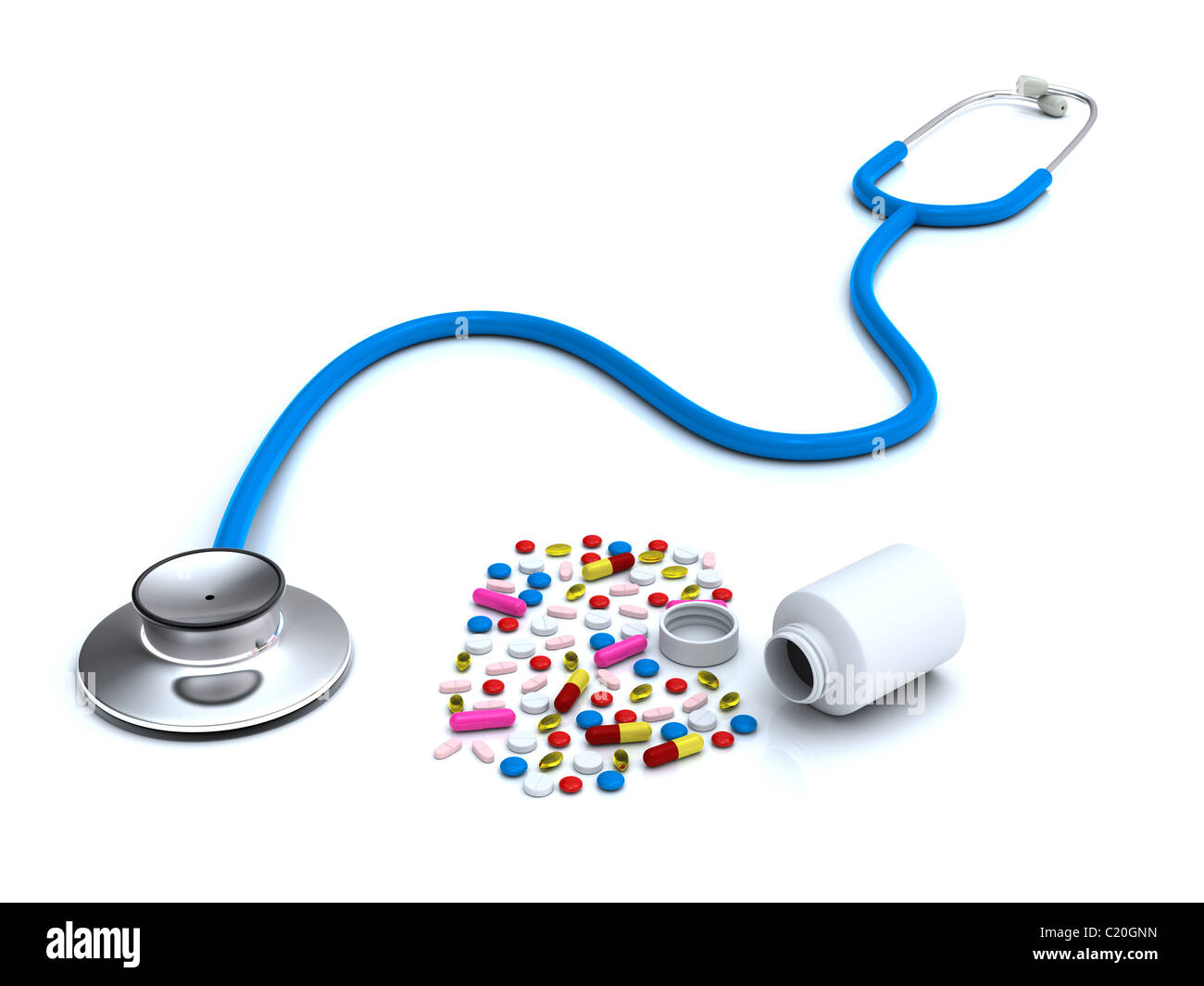 3D Rendering Stethoskop und Pillen auf weißem Hintergrund Stockfoto