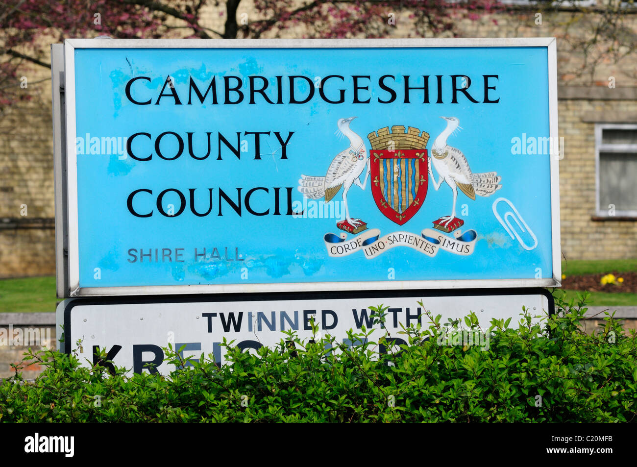 Cambridgeshire County Council Shire Hall Zeichen, Castle Street, Cambridge, England, UK Stockfoto