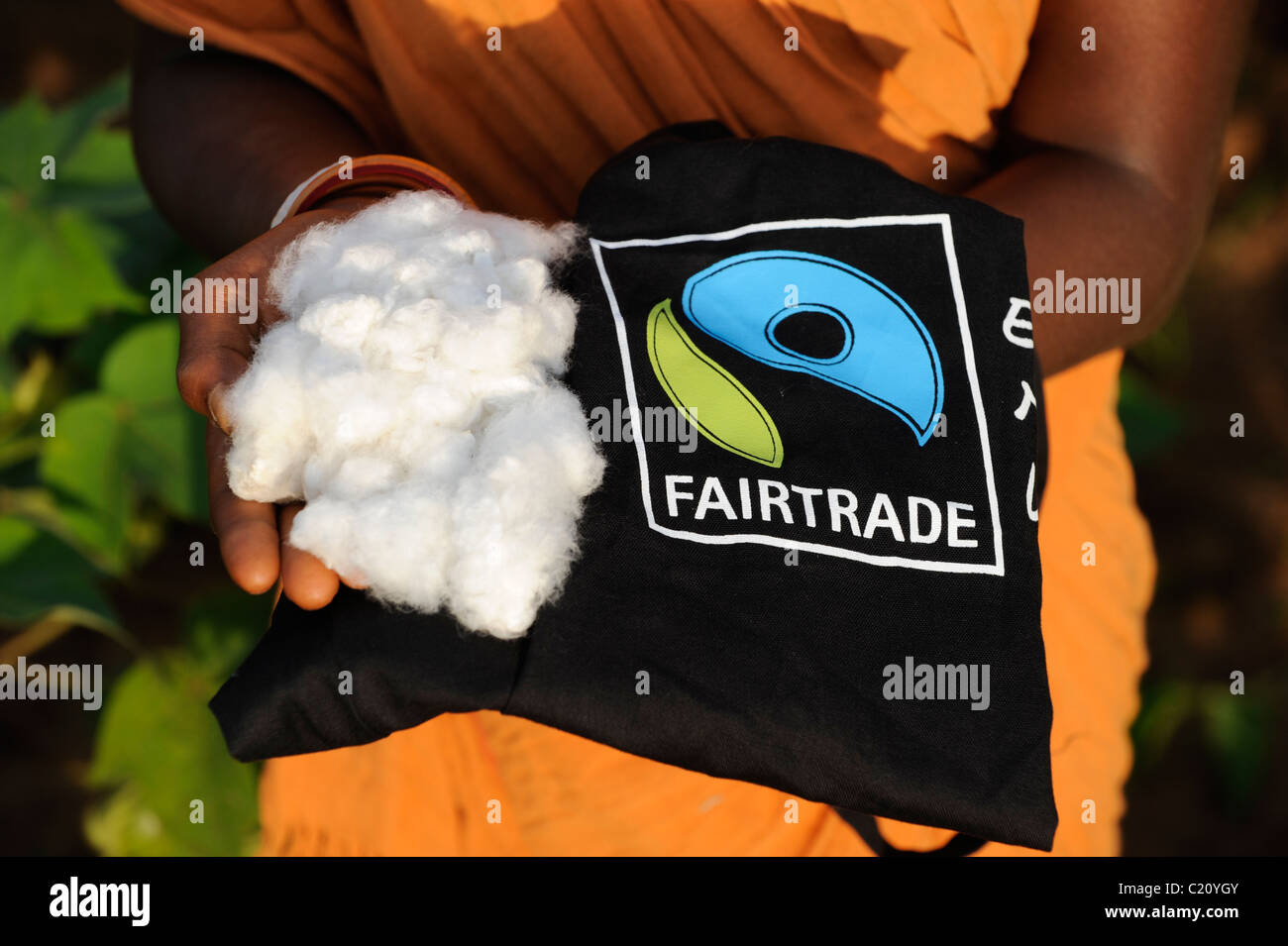 Indien Orissa , Fair Trade und Bio-Baumwollanbau, Bauern der Agrocel Genossenschaft in der Nähe von Rayagada, Baumwolltasche mit Fair Trade Label & gepflückte Baumwolle Stockfoto