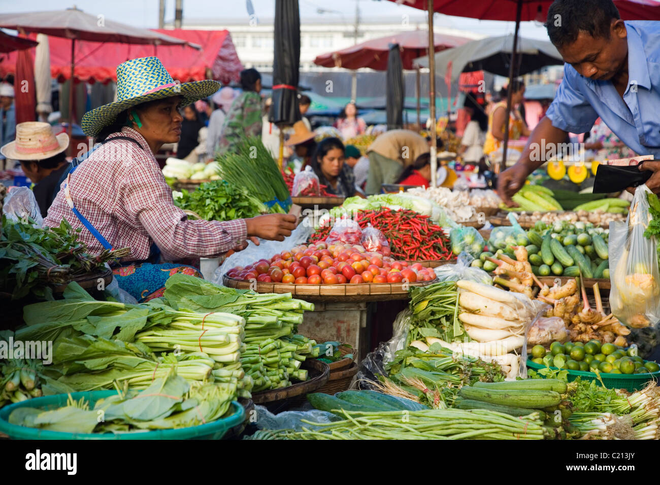Kauf von frischen einheimischen produzieren auf dem Großmarkt.  Surin, Surin, Thailand Stockfoto