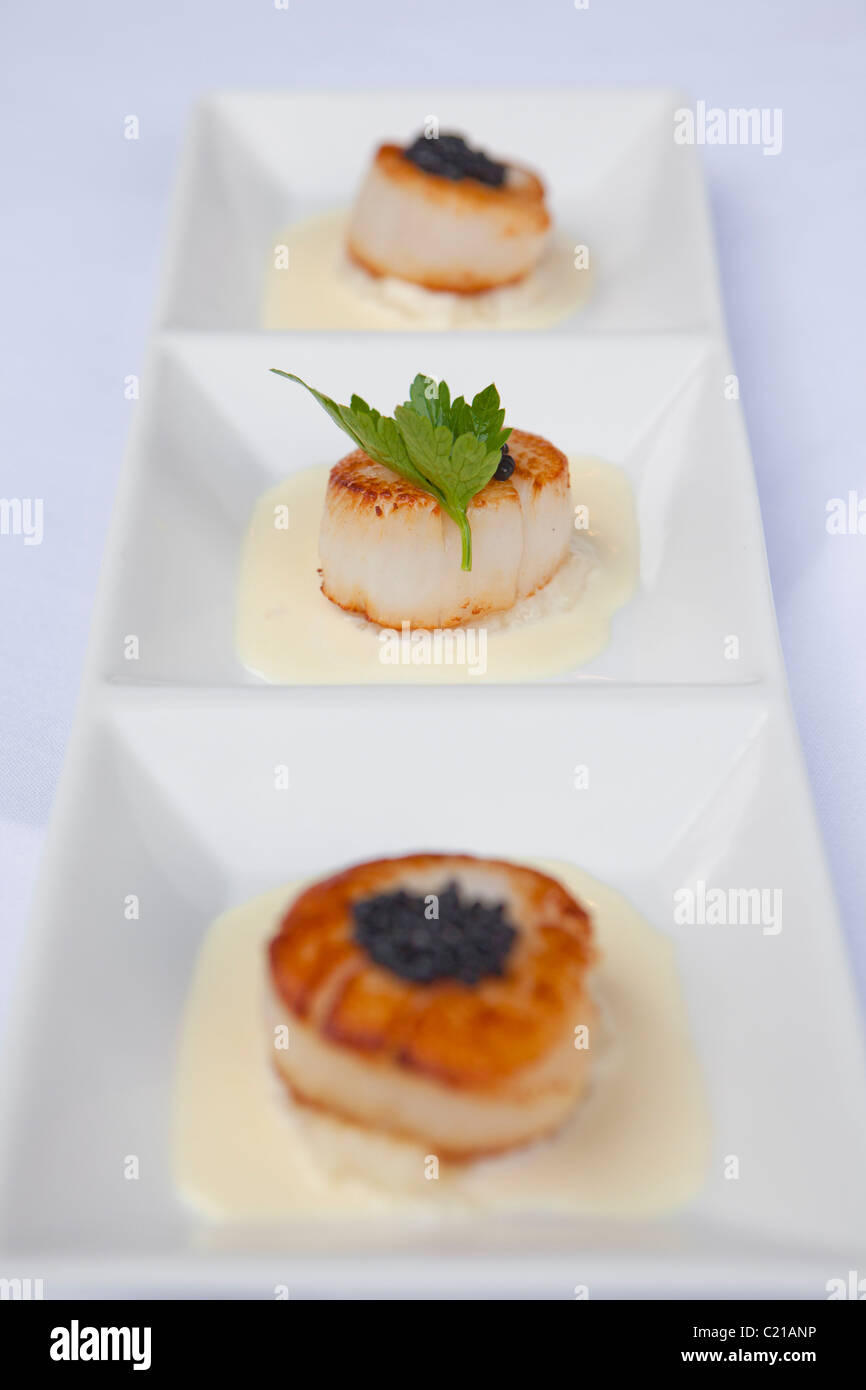 Jakobsmuscheln in einer weißen Wein und Sahne-Sauce mit Kaviar. Stockfoto