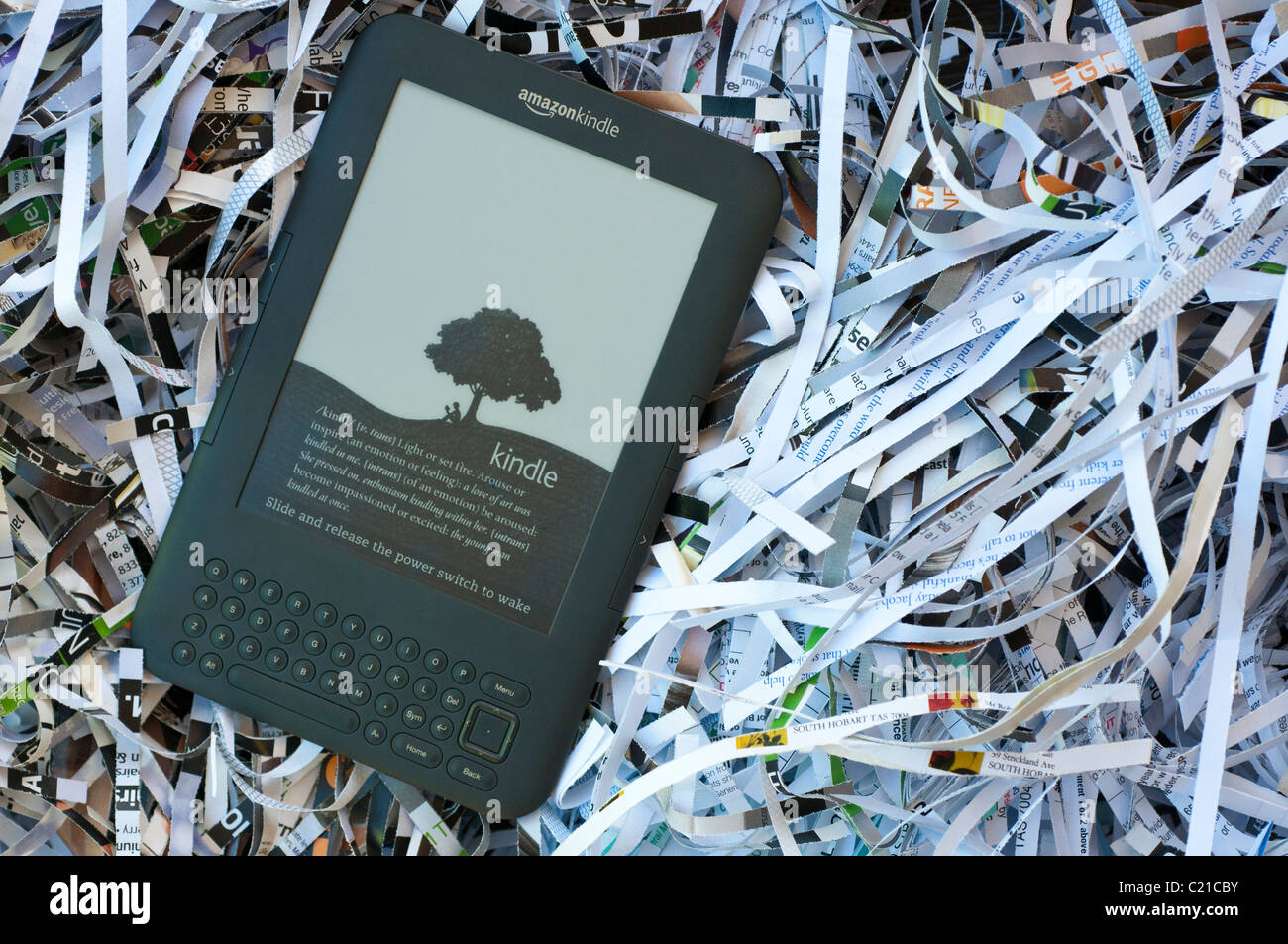 Ein Kindle 3 in einem Nest aus Papierschnitzel Stockfoto