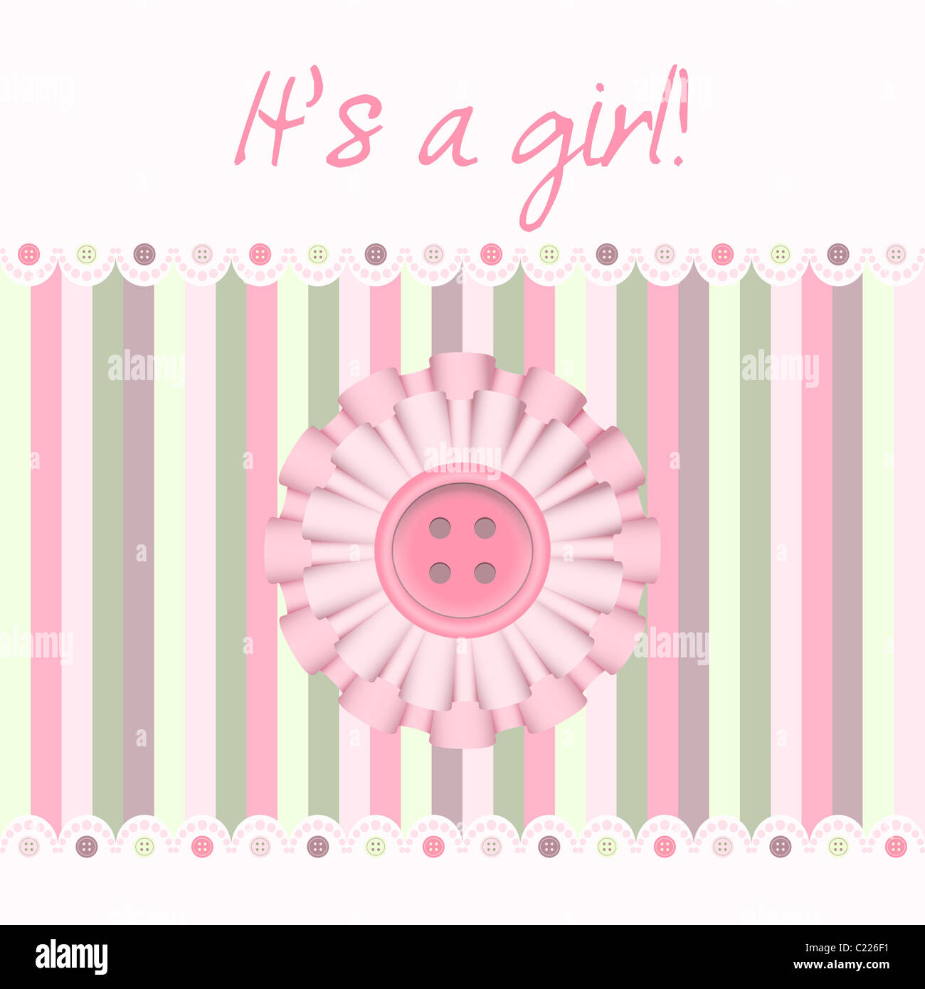 "Es ist ein Mädchen!" rosa Knopf-Baby-Karte Stockfoto