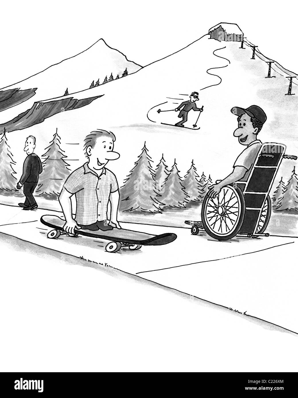 Vier Personen in einem Skigebiet in den verschiedenen Zuständen von Fähigkeiten und Behinderungen Aktivitäten genießen. Manche Menschen sehen einige als Behinderte, die Ausübung von Sport Stockfoto