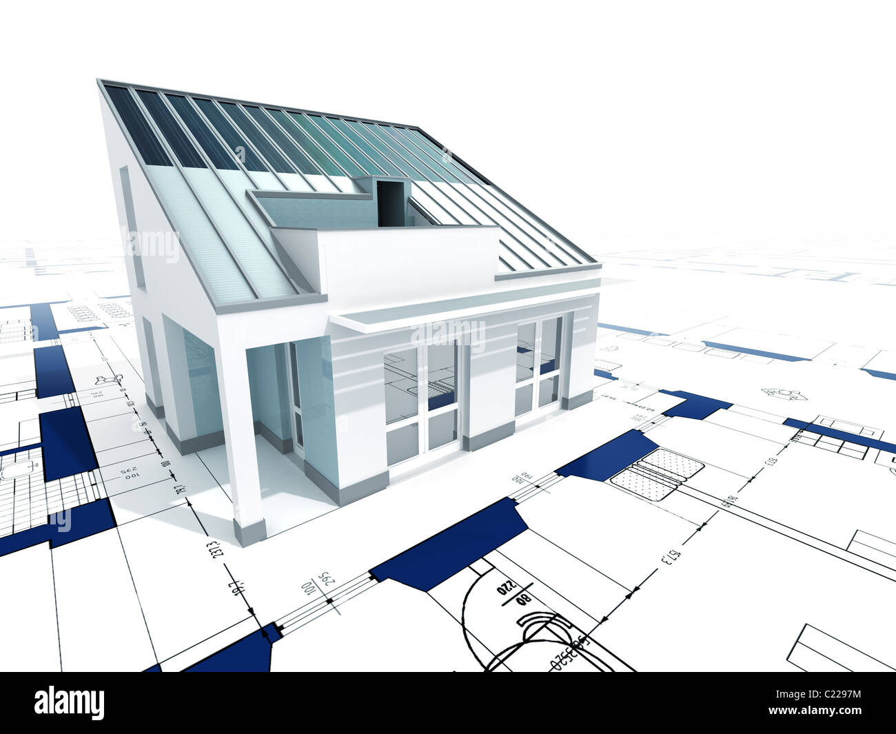 feine 3d Bild des modernen Hauses auf Blaupause Hintergrund Stockfoto