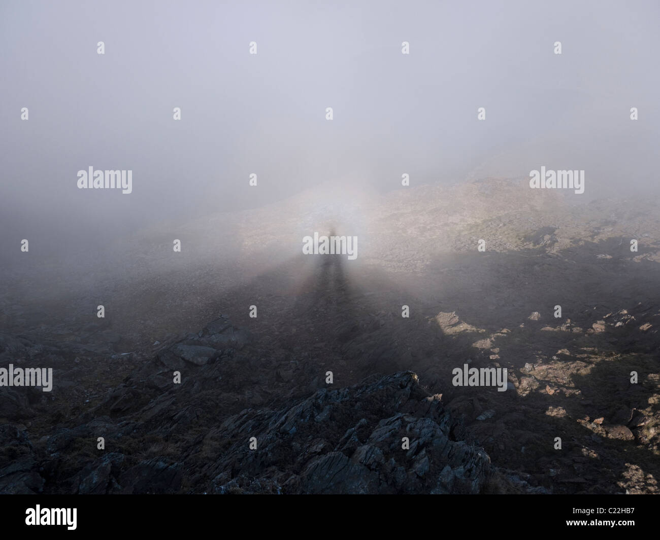Brocken Spectre - eine optische Täuschung Auftritt unter bestimmten atmosphärischen Bedingungen. Aufgenommen am Snowdon Horseshoe, Snowdonia Stockfoto