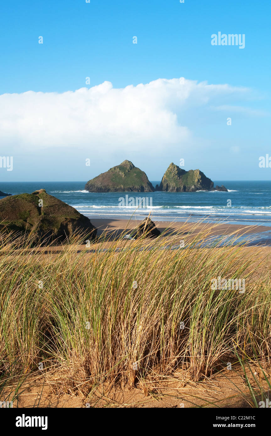 Die "Fuhrleute Felsen" aus Holywell bay in Cornwall, Großbritannien Stockfoto