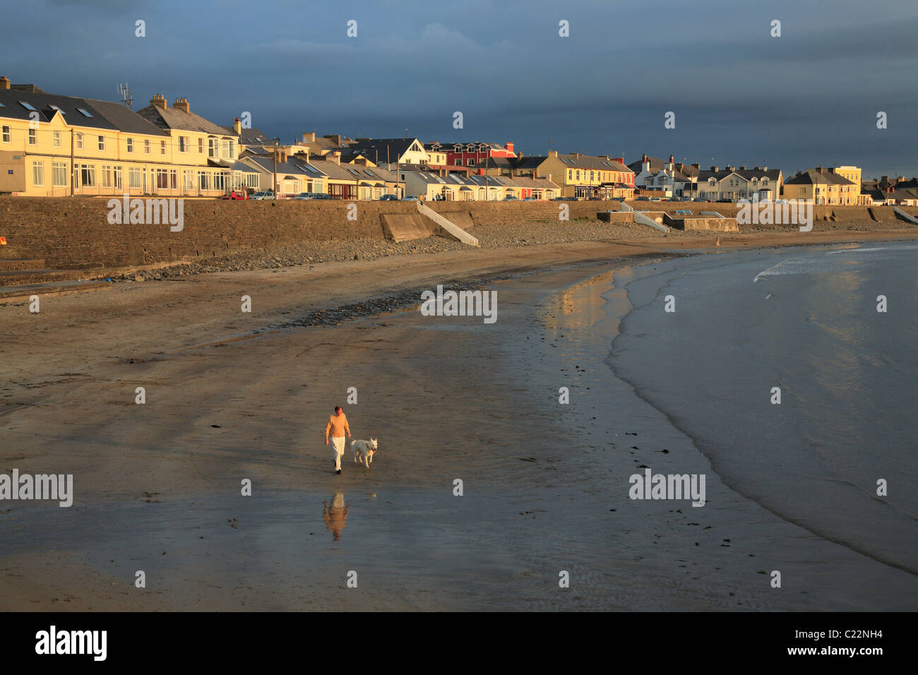 Mann mit Hund geht am Strand in Kilkee, Westküste Irlands, County Clare Stockfoto