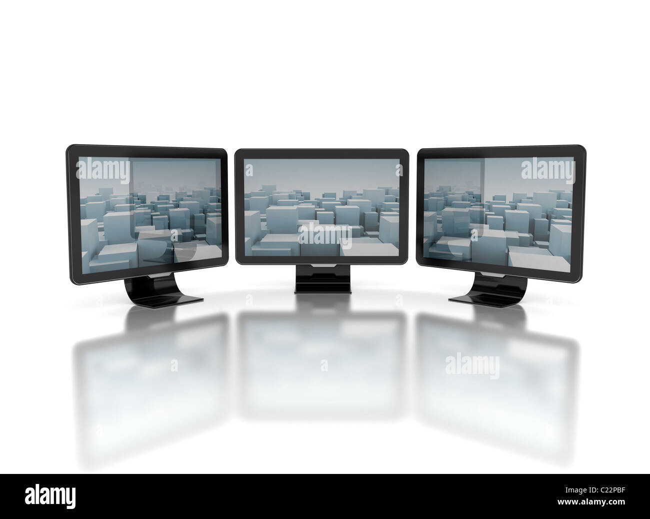 Drei Monitore mit abstrakten Stadt Landschaft Stockfoto