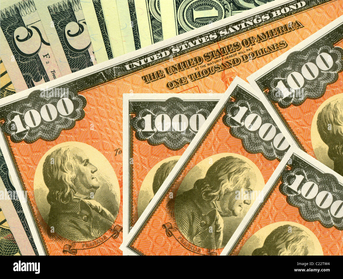 United States Sparbriefe und Dollar. Papier $ 1000 United States Sparbriefe und Dollar. Stockfoto