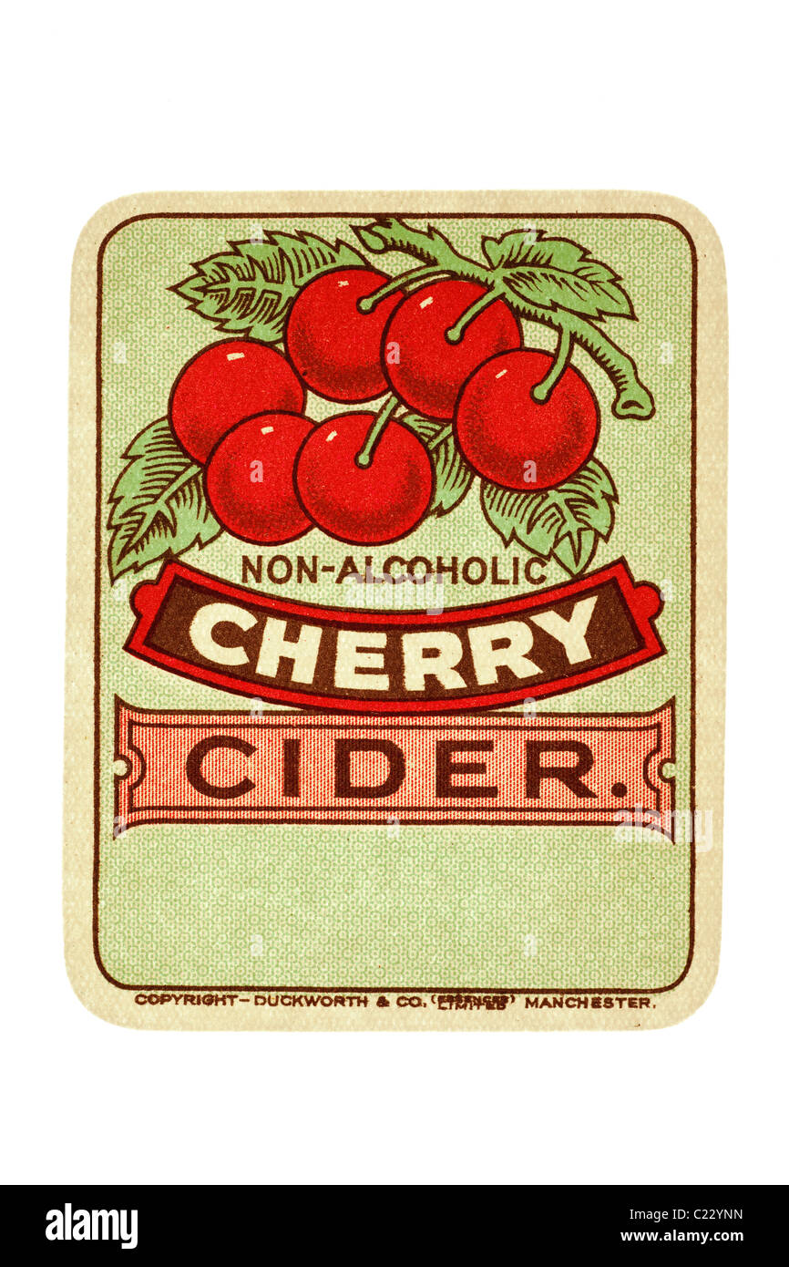 Alte Papier pop-Label für nicht Alchoholic Cherry Apfelwein Copyright Duckworth und Co Essenzen begrenzt Manchester. EDITORIAL NUR Stockfoto