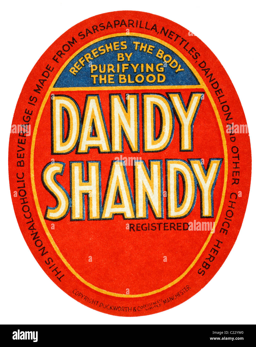 Alte Papier pop-Label für nicht Alchoholic Dandy Radler Copyright Duckworth und Co Essenzen begrenzt Manchester. EDITORIAL NUR Stockfoto