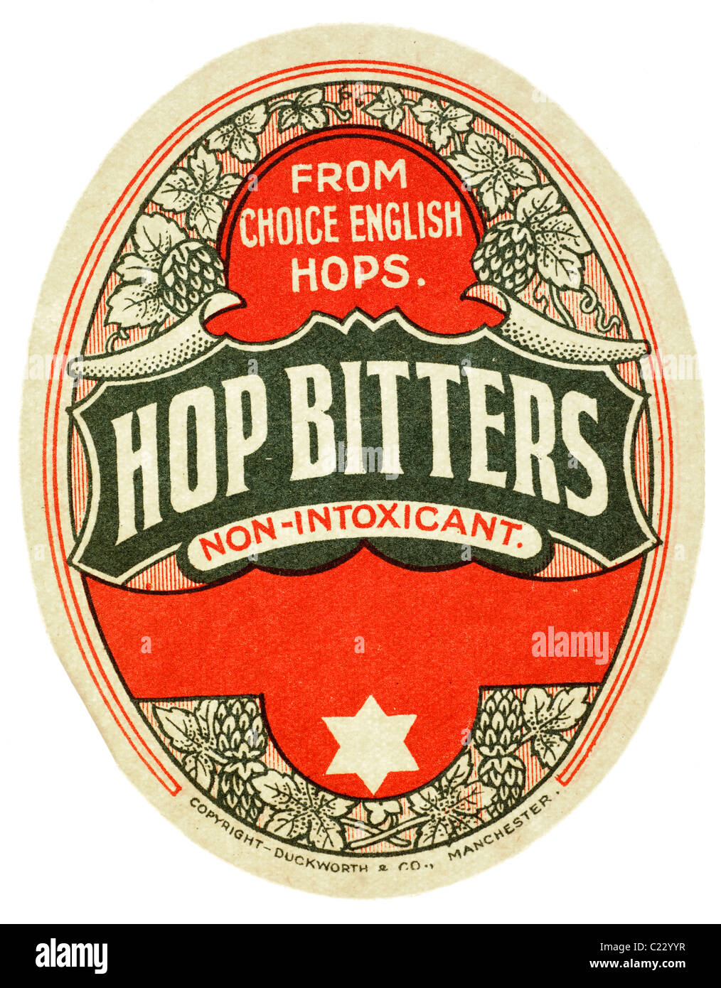 Alte Papier pop-Label für nicht Rauschmittel Hop Bitters Copyright Duckworth und Co Essenzen begrenzt Manchester. EDITORIAL NUR Stockfoto