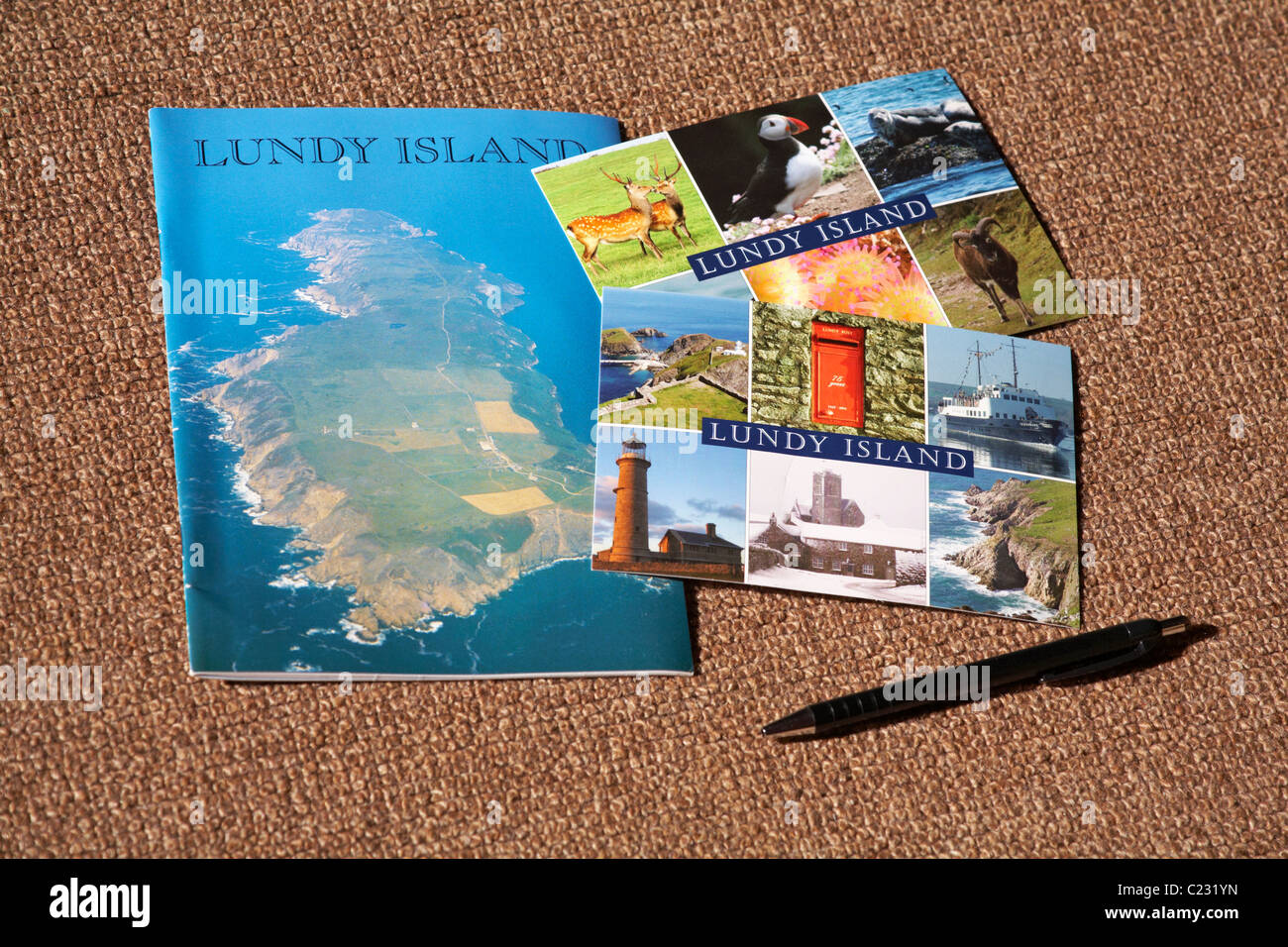 Lundy Island Postkarten und Souvenirbuch im März Stockfoto