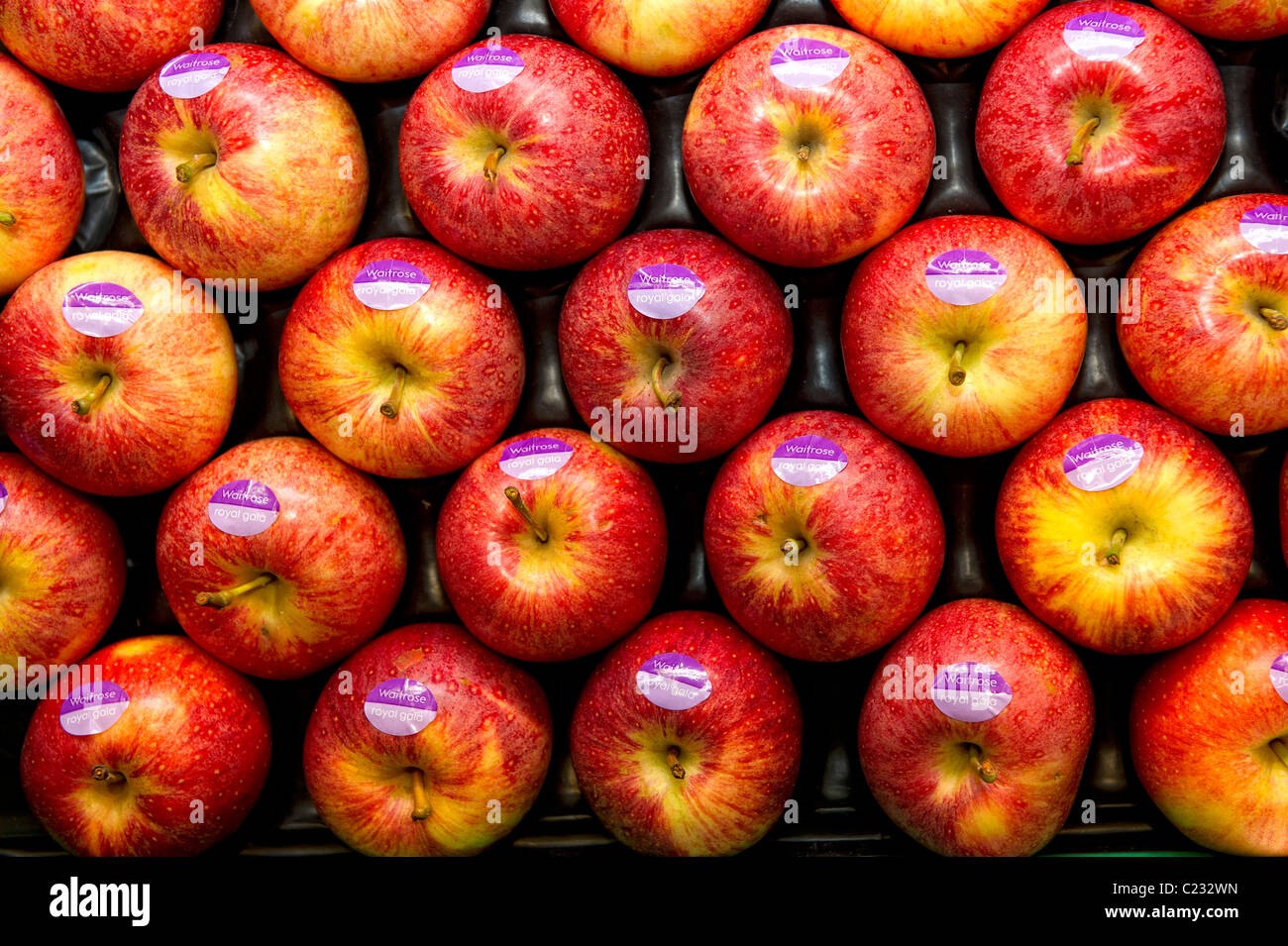 Tablett mit Äpfeln auf dem Display in einem Waitrose-Supermarkt Stockfoto