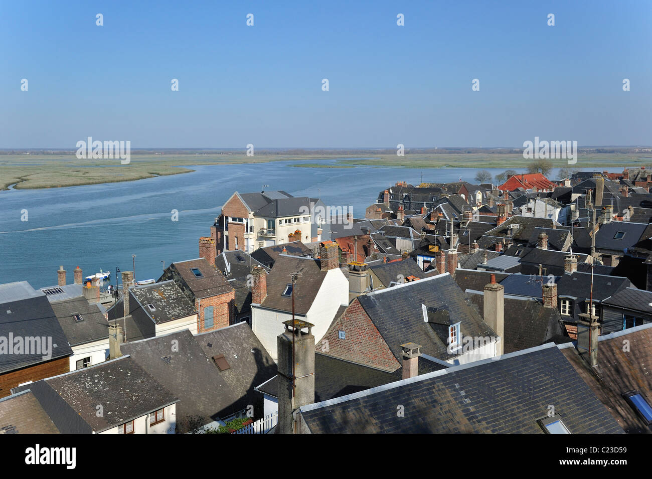Blick über die Stadt Saint-Valery-Sur-Somme Bucht der Somme, Picardie, Frankreich Stockfoto