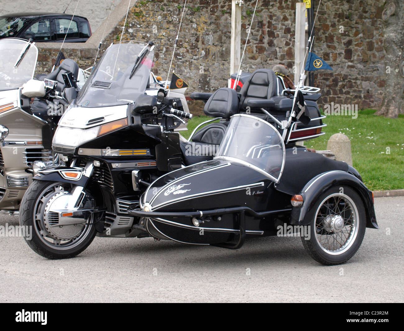 Honda Motorrad und Beiwagen, Bude, Cornwall, UK Stockfoto