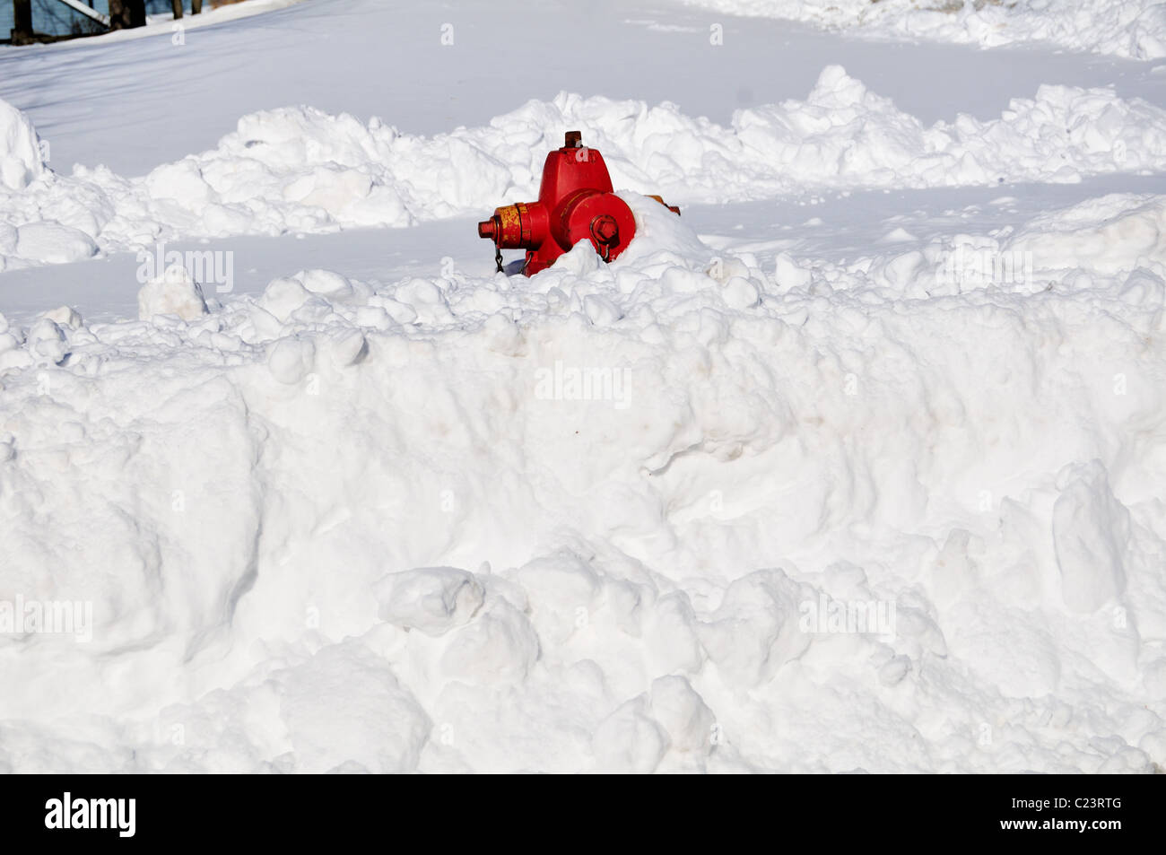 Midwestern Blizzard entleerte schweren Schnee begraben Wandhydranten, die entfernt werden und grub aus schneewehen Bartlett Illinois, USA. Stockfoto