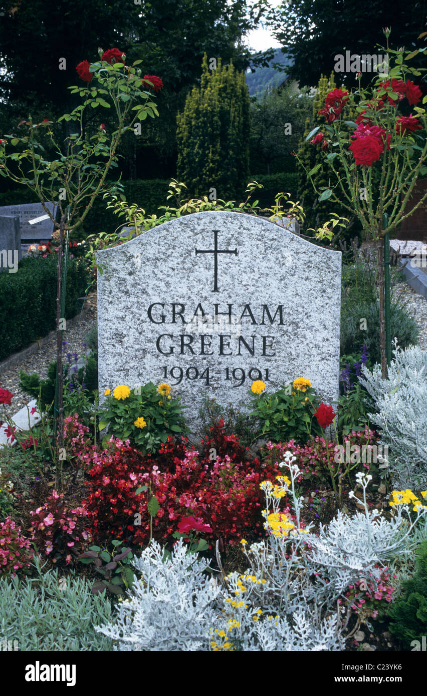 Grabstein von Graham Greene bei Vevey Corseaux, Schweiz. Stockfoto