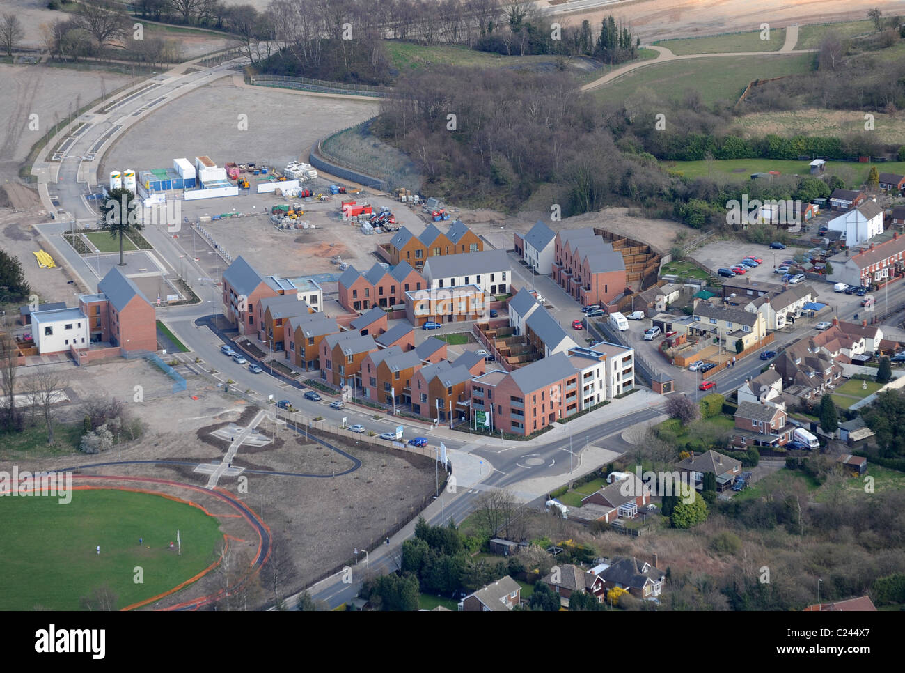 Luftbild der modernen Wohnungsentwicklung in Sutherland Close, Ketley, Telford, TF1 5BR Stockfoto