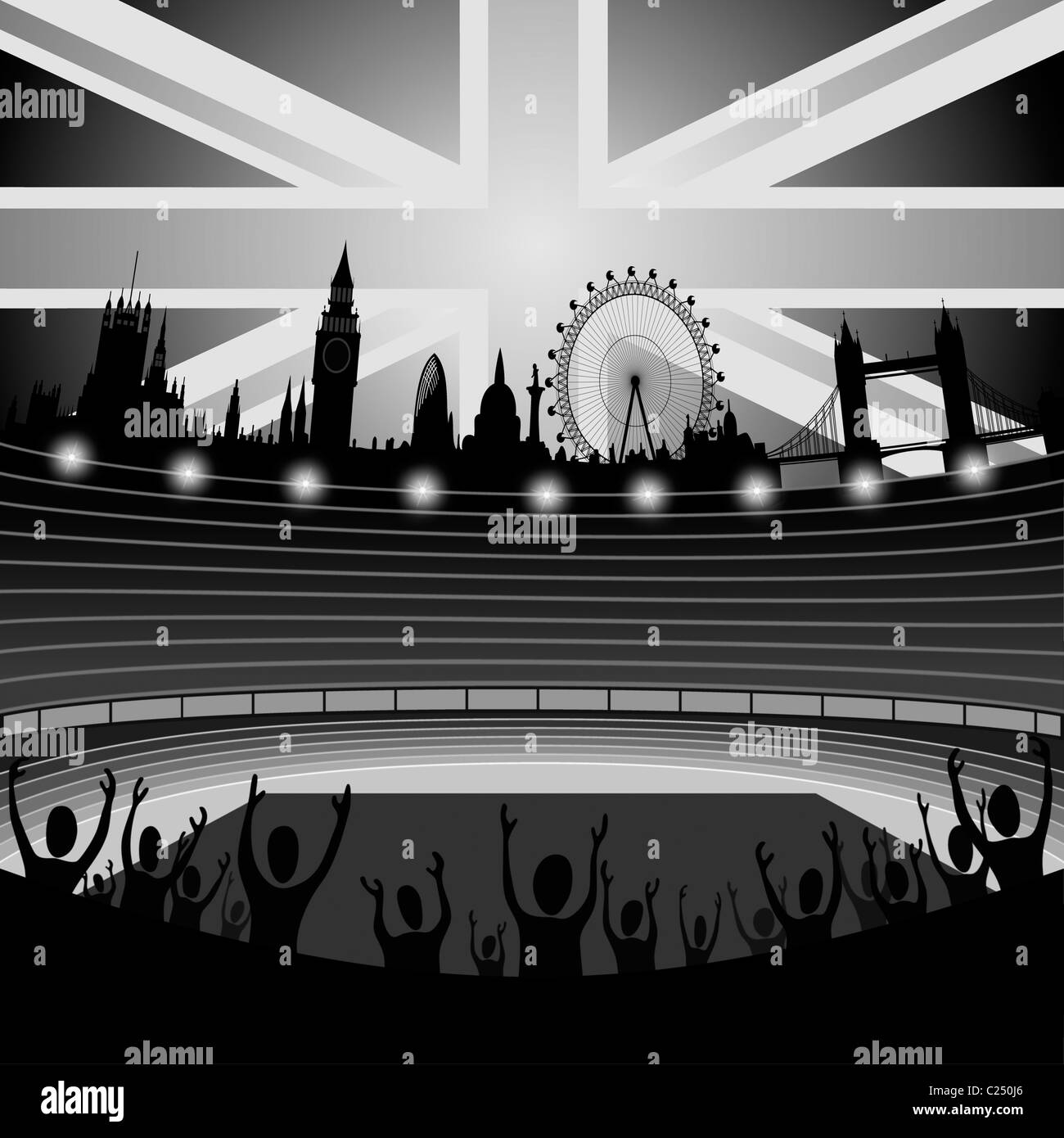 Stadion mit der Skyline von London am Horizont. London City - Veranstalter der Olympischen Spiele 2012 Stockfoto