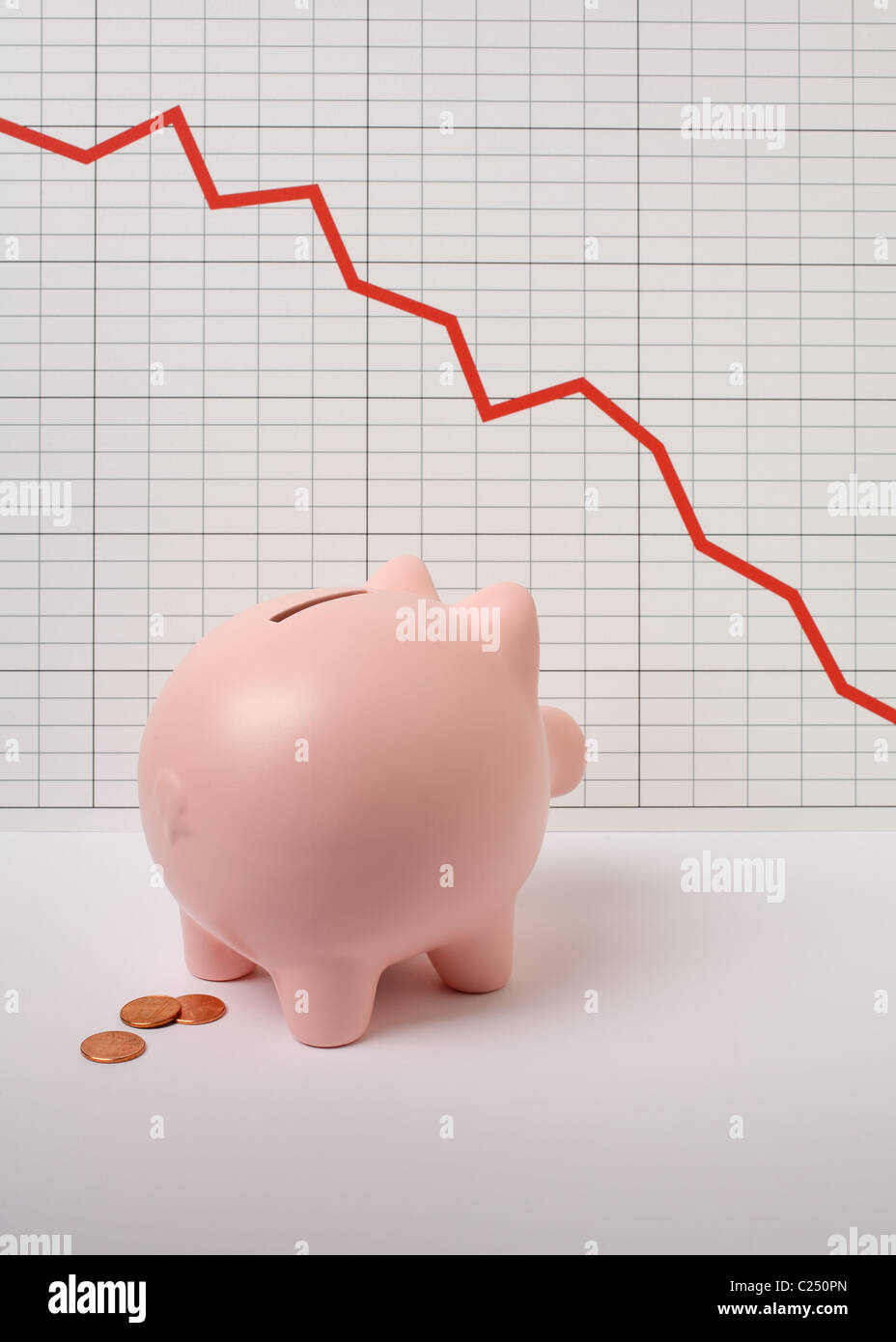 Sparschwein sorgt sich über die Grafik des Finanzabschwungs Stockfoto