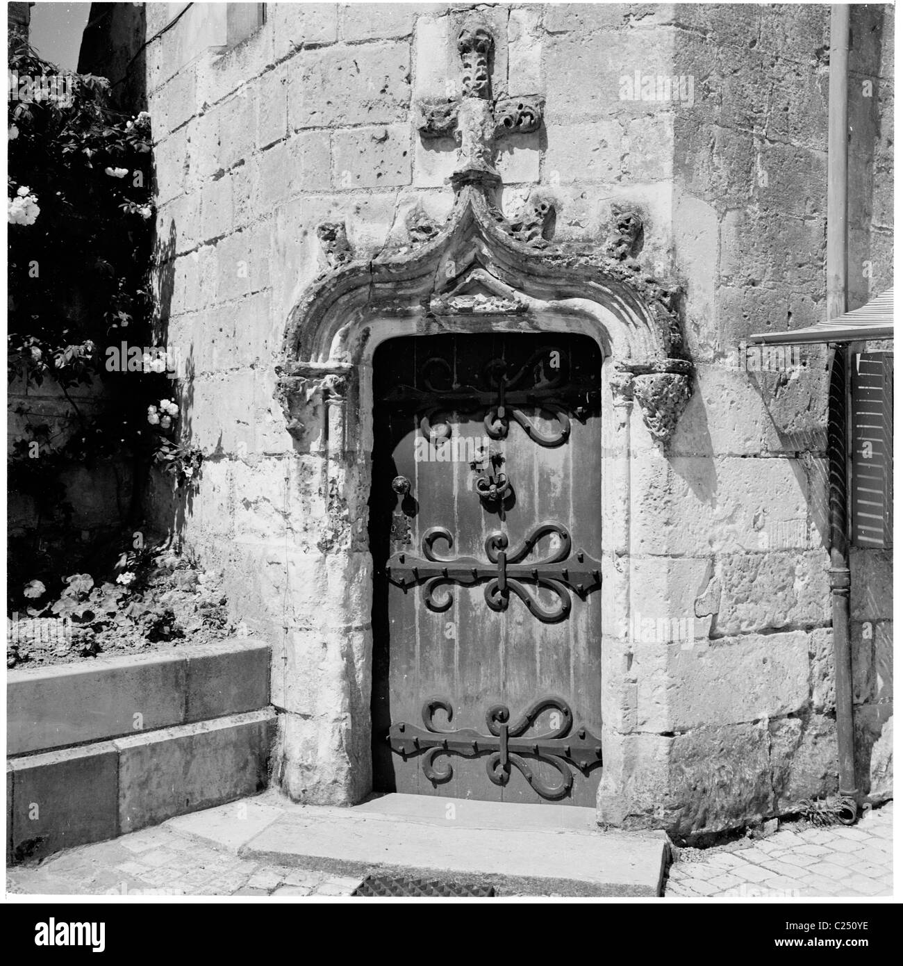 1950s, alte hölzerne Tür an einem Chateau, Loire-Tal, Frankreich. Stockfoto