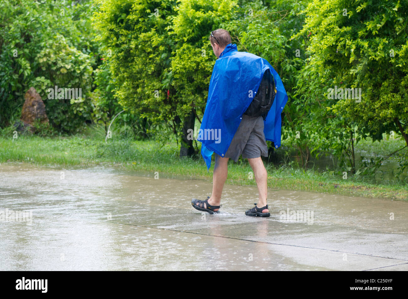 Backpacker, Wandern in den Regen Stockfoto
