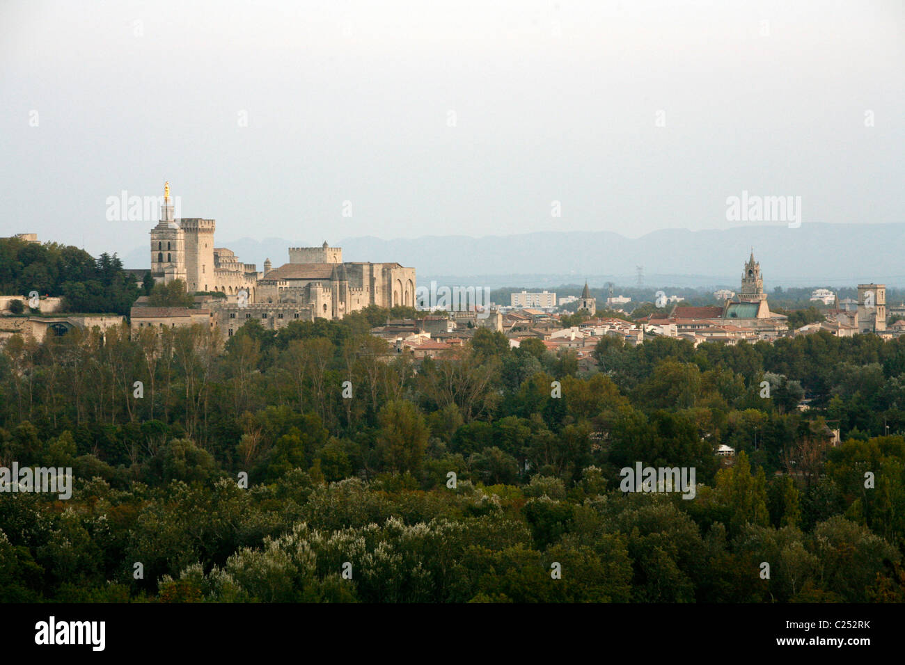 Blick über Avignon und der Palais des Papes von Fort St. Andre in Villeneuve Les Avignon, Vaucluse, Provence, Frankreich. Stockfoto