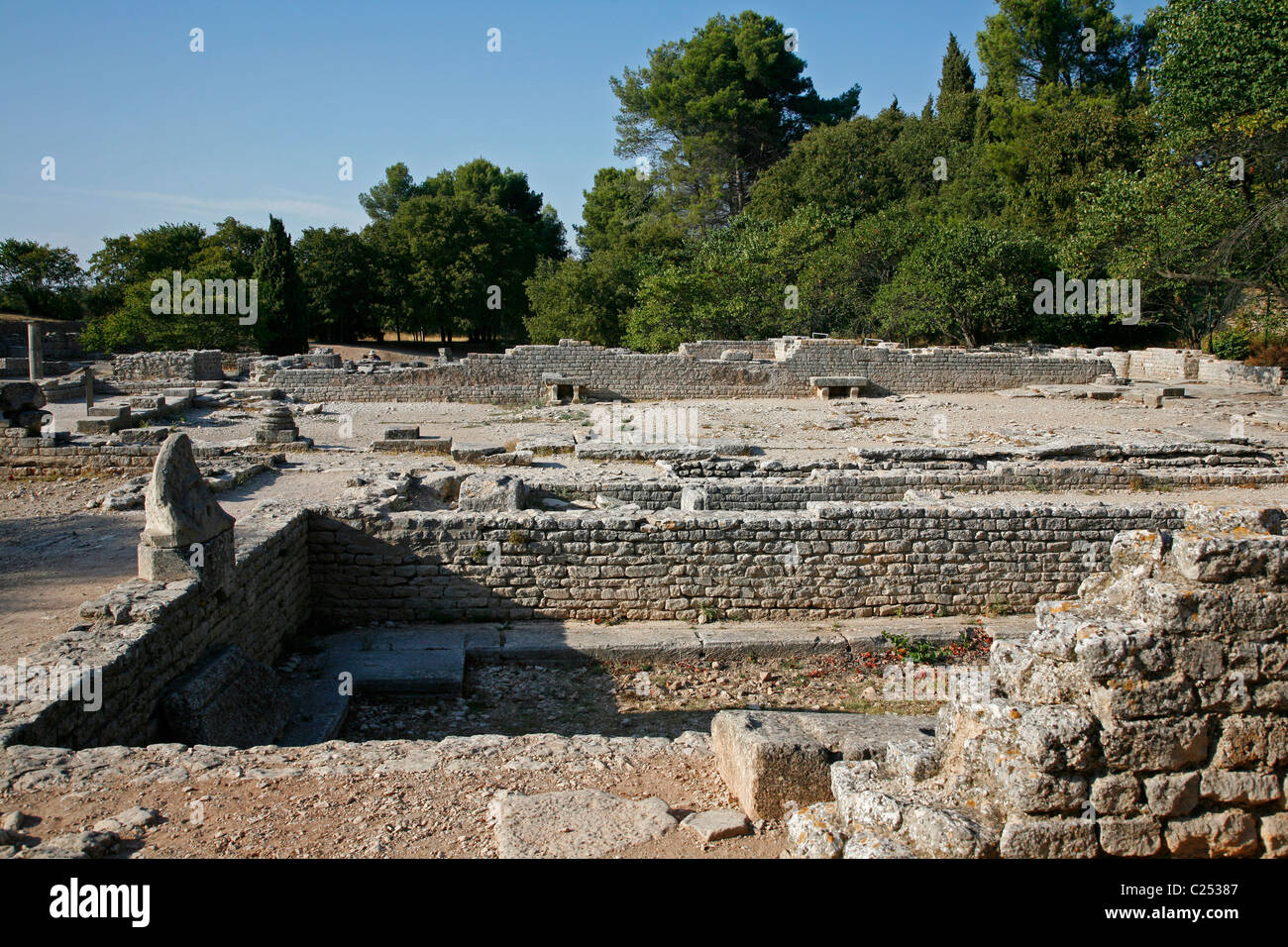 Die Bäder auf die Ausgrabungen von Glanum in der Nähe von St Remy de Provence, gegründet du Rhône, Provence, Frankreich. Stockfoto