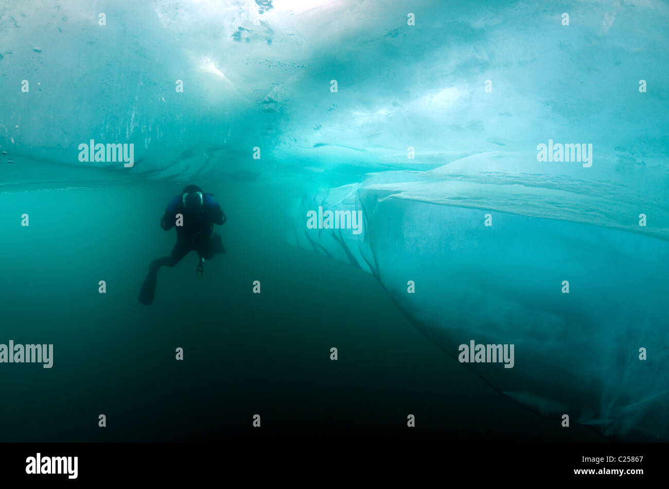 Taucher schwimmt unter Eis. Icediving im Baikalsee Stockfoto