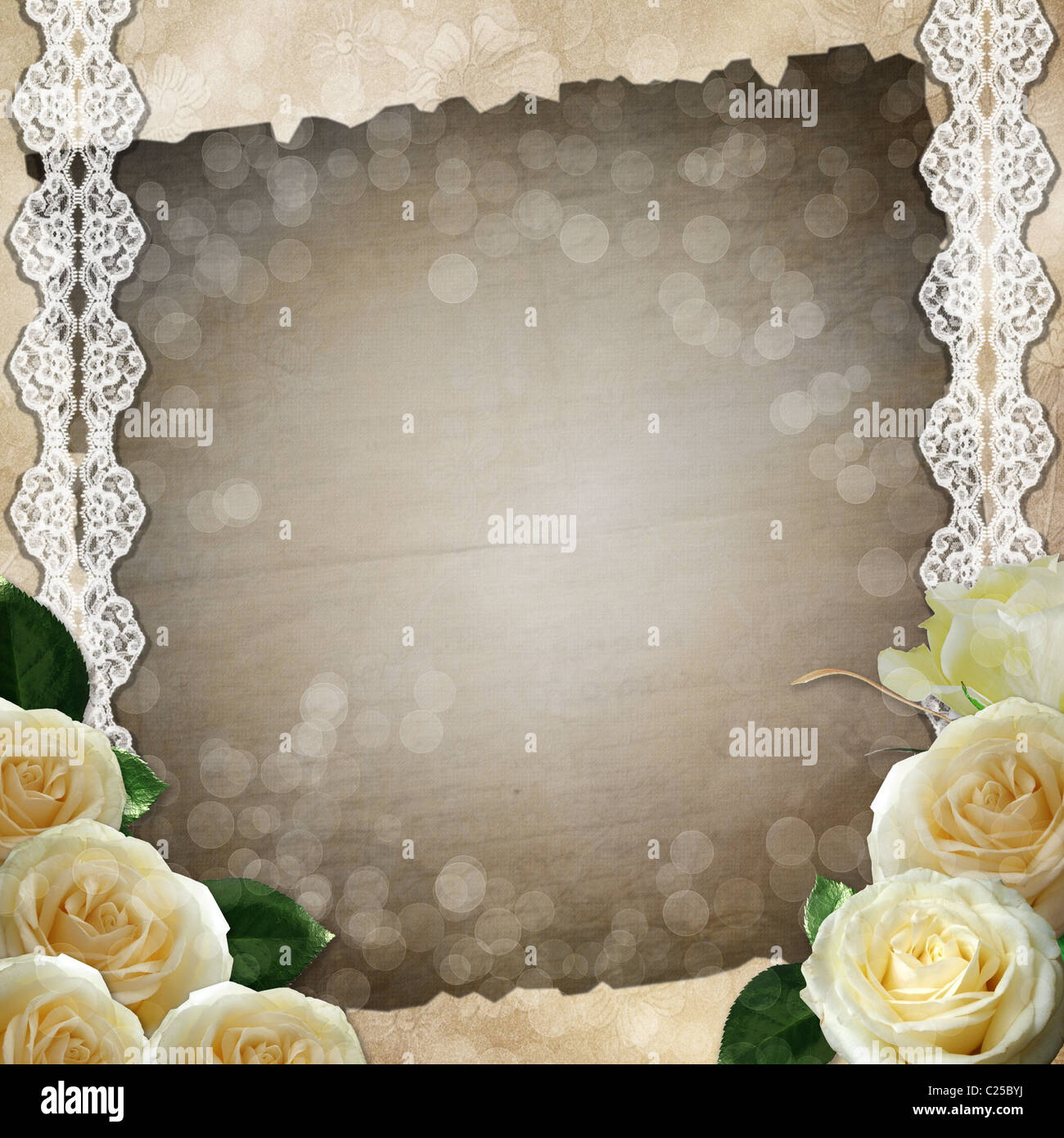 Vintage-Hintergrund mit Spitze und weiße Rosen Stockfoto