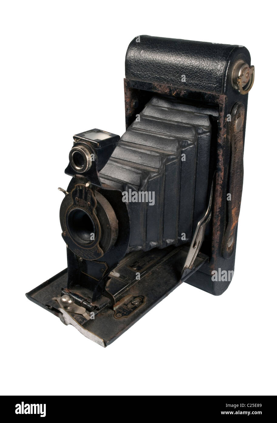 Closeup auf die alte Vintage faltbare Kamera auf weißem Hintergrund Stockfoto