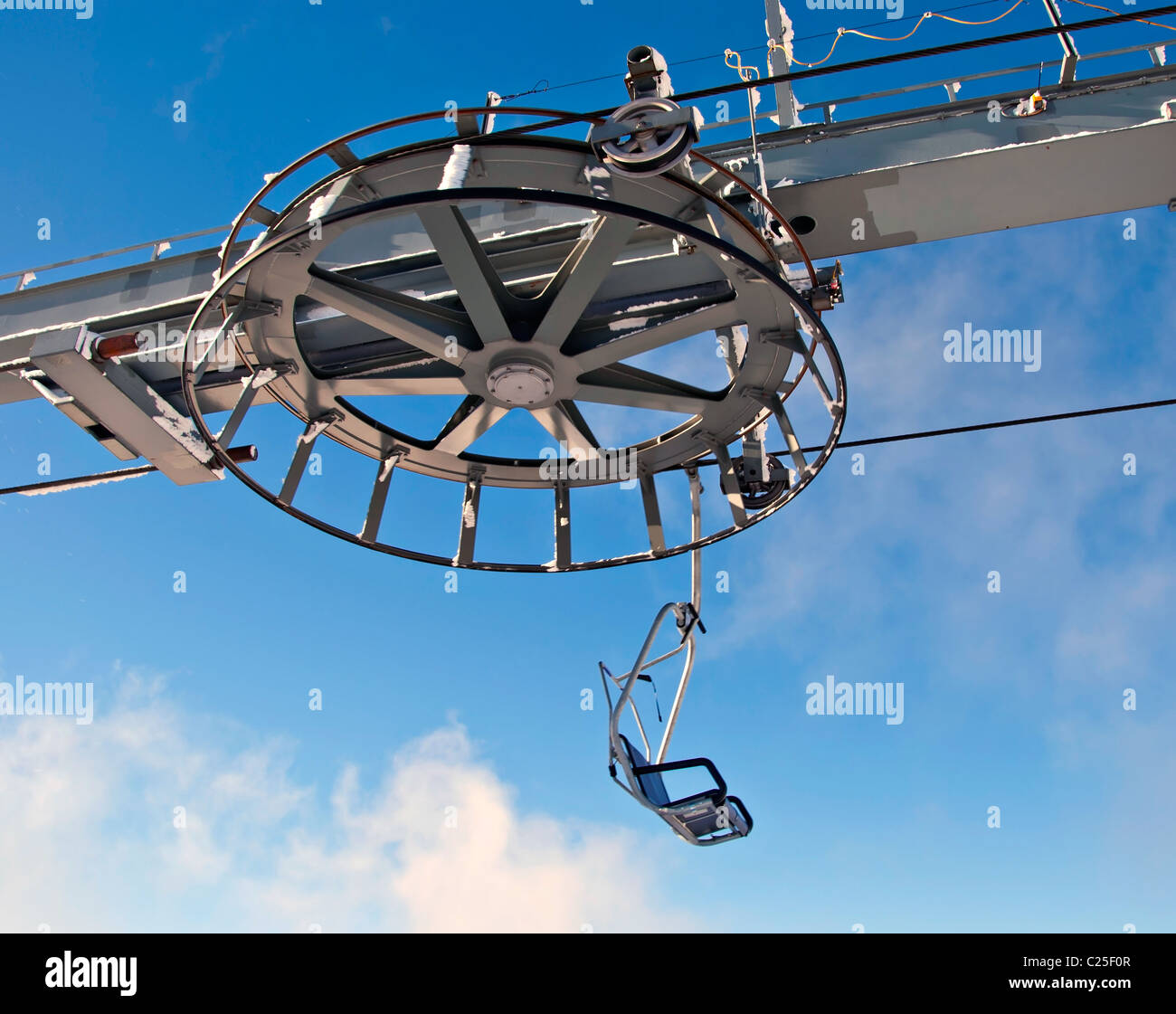 Ende eines doppelten Skilifts mit der Endung Rad und bewölkten blauen Himmel im Hintergrund Stockfoto