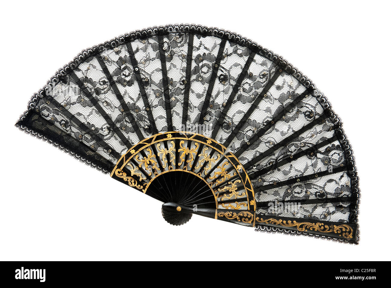 Antiker viktorianischer Holz & schwarze Spitze Damen Fan mit Golddekor Stockfoto